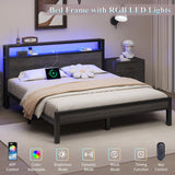 LOEWAY Queen Size Bed Frame with Storage Headboard and LED Lights, Industrial Platform Bed with Charging Station, Heavy Duty Metal Slats, No Box Spring Need, Noise Freee, Grey