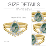Oseew 2 pcs Vintage Unique Green Stone Wedding Ring 10k gold Natural Moss Agate Ring Set Natural Moss Agate Ring For women with teardrop design Mother's Day Birthday gift