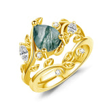 Moss Agate Engagement Ring Set Anniversary Ring wedding Ring Set Leaf design (yellow gold)