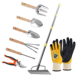 8 Piece Stainless Steel Gardening Tool Set - 17 Tine Heavy Duty Rake, 5 Piece Hand Tool Kit, Pruning Shears, and Gloves