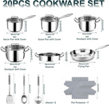 Fruikit Stainless Steel Cookware Set - 20 PCS Pots and Pans Set with 3-Ply Stainless Steel Frying Pan, Professional Kitchen Cooking Set, Induction Compatible, Oven & Dishwasher Safe