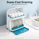 dunghLin 2 Tier Dish Drying Rack with Lid Cover, Drying Rack Storage Case with Drain Board, Kitchen Countertop Dish Organizer for Plates, Bowls, Spoons, Forks