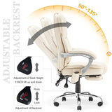 HOMREST Executive Office Chair with Footrest, 6-Point Massage Office Chair with Reclining Backrest, Heated Leather Computer Chair for Home Office(Cream)