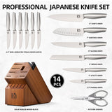 KnifeSaga Kitchen Knife Set 14 Piece Premium Japanese High Carbon Stainless Steel Knife Block Sets with Built-in Sharpener, Razor Sharp Knives Set