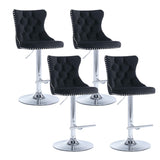 MOOLSUN Rotating Velvet Bar Stools Set of 4, Modern Padded with Nailhead Trim and Tufted Back, Adjustable Swivel Counter Height Stools for Kitchen Island, Bar, Club,Black(Silver Base)