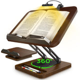 Book Stand with Light, 360° Rotating Holder with Page Clip, Ergonomic