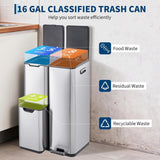 Triple Compartment Stainless Steel Trash and Recycling Bin Combo,16 Gallon,Removable Inner Buckets,Collapsible Foot Pedal,Indoor Use for Kitchen Home Office