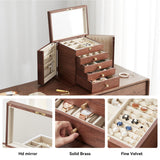 Homruilink Black Walnut Wooden Jewelry Box, Wood Jewelry Organizer with 2 Side Doors Mirror Lockable Classical Style for Watch Necklace Ring Earring Storage Valentines Day Gifts for Her-5 Layer