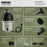 Karran 3/4 HP Quiet Garbage Disposal with Power Cord – Powerful Continuous Feed Food Waste Disposer, Stainless Steel Grinding System, Compact Easy Install Design with Dishwasher Connector, Septic Safe