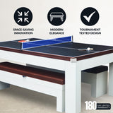 Hathaway Newport II 7 Foot Dining Pool Table Combo with Game Accessories, & 2 Benches – Multifunctional Billiards Table with Ping Pong & Dining Top – White Finish, Walnut Accents, Camel Felt