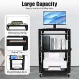 Adjustable AV Cart with Power Strip, 4-Tier Rolling Stand, Black 24x18x42