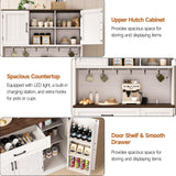 ONBRILL 71" Pantry Cabinet, Kitchen Pantry Storage Cabinet with LED Light & Outlet, Kitchen Hutch with Microwave Shelf & 6 Hook, Door Shelf & Drawer & Adjustable Shelf, Dining Room, Off White+Walnut