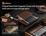 Piklohas Steak Knives Set of 8 with Drawer Organizer Built-in Sharpener, 4.6 Inch Non Serrated Dinner Knife, Forged German Steel Damascus Pattern Straight Edge Meat Knife with Full Tang Handle, Black