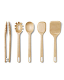 Wooden Utensil Set - 5 Piece Cooking Utensil Set - Spoon, Server, Scraper, Spatula, & Tongs - Made From FSC-Certified Caraway