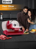 FOHERE 250W Meat Slicer Machine for Home, Electric Food Slicer with Stainless Steel Tray & Three 7.5" Stainless Steel Blade, 0-15mm Precise Thickness Deli Meat Slicer for Bread Fruit Vegetable (Red)