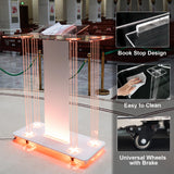 Church Pulpit with Led Lights, 46” Acrylic Pulpits for Churches, Transparent Podium Stand with Wheels& Spacious Reading