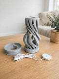 MAKER 3D Twist Spiral Table Lamp in Light Grey - Handmade 3D Printed Shadow Projection Night Light, Dimmable USB LED Bedside Accent Lamp for Bedroom, Nursery and Office Desk Decor