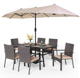 PHI VILLA 7pc Patio Dining Set with 13ft Beige Umbrella, 6 Rattan Chairs