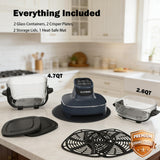 BLATOMIC 6-in-1 Glass Air Fryer Combo, 1500W High Power Countertop Oven with 2.6Qt & 4.7Qt Interchangeable Glass Bowls, Non-Toxic Ceramic Crisper, LED Display, Ideal for Meal Prep & Gifting, Iron Blue