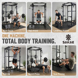 SAKAE Squat Rack, Multi-Function Power Cage with Adjustable Cable Crossover System for Strength Training, Power Rack with LAT Pulldown, Pull-Up Bar, Dip Bars & Training Attachments