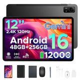 POPUX P12 Pro 12 Inch Tablet, 2.4K 120Hz Android 16 Tablet with Gemini AI, 48GB+256GB/2TB, 12000mAh, Unisoc T7300 Octa-Core, 13MP+8MP, WiFi 5, Face ID, 4G LTE, Tablet with Keyboard, Pen, Case-Black
