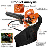 2-in-1 Leaf Blower and Leaf Vacuum with Bag, 425-CFM Airflow, 2-HP 2-Cycle Gas Handheld Leaf Blower for Lawn Care(Orange)