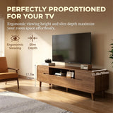 Quvex 70.8" Mid Century TV Stand for 65-80 Inch TVs, Walnut & White Entertainment Center with Storage Cabinets, Drawers, Open Shelf & Cable Management, Solid Wood Legs, Media Console for Living Room