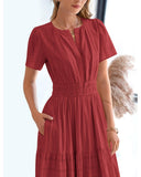 BTFBM Womens Summer 2026 Casual Midi Maxi Dresses Lightweight Short Sleeve V Neck Elastic Waist Boho Beach Dress Pockets(Red, X-Large)