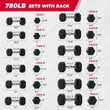 RITFIT Rubber Hex Dumbbells Set with Rack, 180-780LB Heavy-Duty Cast Iron Core, Knurled Chrome Handle, Space-Saving Storage Rack for Home Gym Strength Training