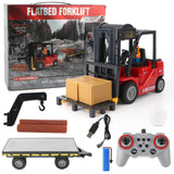 Mscredse RC Forklift with Trailer, 2 in 1 Transform Lift Fork & Hook, Kids Forklift Toy with Light & Sound & Spray, 11 Channel Remote Control Forklift, Construction Vehicles Toy Gift for Kids 6+ (Red)
