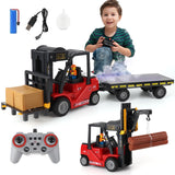 Mscredse RC Forklift with Trailer, 2 in 1 Transform Lift Fork & Hook, Kids Forklift Toy with Light & Sound & Spray, 11 Channel Remote Control Forklift, Construction Vehicles Toy Gift for Kids 6+ (Red)
