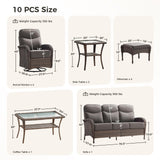 Luxury Patio Furniture Set with 6-inch Thick Cushions, Outdoor Furniture Set with High Back Swivel Chairs, 10 PCS Wicker Outdoor Conversation Set for Porch, Patio, Yard, Deck, Poolside, Brown/Grey