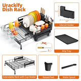 Urackify Dish Drying Rack - Extendable Dish Drainer, Large Dish Rack for Kitchen Counter, Rustproof Dish Strainer with Utensil Holder and Cups Holder, 1 Tier Black
