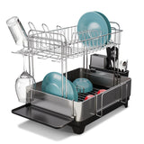 Home Zone Living Large 2-Tier Stainless Steel Dish Drying Rack with Drain Pipe and Utensil Holders