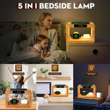 HQOBZX Wooden Bedside Table Lamps for Bedroom with Wireless Charger, nightstand lamp with Charging Station, 3 Night Light Modes Dimmable Touch Bedside Lamps with Alarm Clocks Lamps for Night Stands