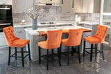 MOOLSUN Set of 6 Blue Velvet Bar Stools - Classic Fixed Height Design with Button Tufted Seat, Solid Wood Frame & Chrome Nailheads, Perfect for Standard Kitchen Island & Home Bar,Orange(Wood Leg)