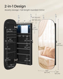 SONGMICS Jewelry Organizer, LED Jewelry Cabinet Wall/Door Mounted, Lockable Rounded Wide Mirror with Storage, Interior Mirror, 3.9 x 16.5 x 42.5 Inches, Black Surface with Black Lining