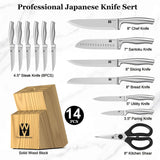 14-Piece Knife Set with Natural Wood Block, Stainless Steel Kitchen Knife Block Set with Ergonomic Handles, Includes Steak Knives, Dishwasher Safe