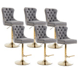 MOOLSUN Rotating Velvet Bar Stools Set of 6, Modern Padded with Nailhead Trim and Tufted Back, Adjustable Swivel Counter Height Stools for Kitchen Island, Bar, Club,Gray(Gold Base)