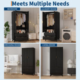 Garvee 71" Armoire Wardrobe Closet, Modern Wooden Bedroom Armoire with 2 Drawers & 2 Doors and Adjustable Shelves，Clothing Storage Cabinet with Aluminum Hanging Rod, Locker
