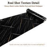 Qorqeous Black Amber Marble Peel and Stick Wallpaper, Glossy Texture Vinyl Wall Panels, Waterproof Renter Friendly, 23.6" x 118", TV Accent Wall, Bathroom, Foyer, Coffee Shop Decor