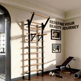 GMWD Swedish Ladder, Wood Stall Bar, Suspension Trainer with Pull-Up Bar and Dip Bar Attachments, Wooden Stall Bar with 9 Strategic Rods for Core Strengthening