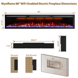 88" Electric Fireplace, Recessed/in-Wall or Wall Mounted, 80-90" Linear, Ultra-Narrow Frame, WiFi App + Alexa, 6 Flame & 13 Ember Colors, Log & Crystal Media, 1500W Heater