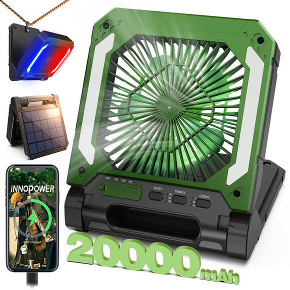 20000mAh Rechargeable Solar Camping Fan with Led Lantern, 3 Speeds Cordless Battery Powered Portable Fan with PowerBank,Timer & Hanging Hook, Quiet Desk Fan for Tent Hurricane Worksite (Green) Innopower