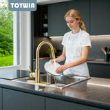 TOYWIA Gold Kitchen Faucets with Pull Down Sprayer, Single Handle High Arc Modern Stainless Steel Sink Faucet with Deck Plate, 1 or 3 Hole Deck Mount for RV, Bar, Farmhouse, Laundry, Outdoor