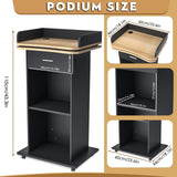 43" Wood Podium Stand with Wheels, Portable Lectern with 3 Levels of Storage