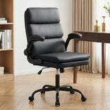 BOWTHY Mid Back Office Desk Chair,Leather Conference Room Chairs,Ergonomic Home Computer Chair,Modern Executive Chair with Padded Flip-up Armrest and Swivel Wheels (Black)