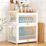 Gdrasuya10 Medium Dish Drying Rack for Kitchen Counter, Stainless Steel Dish Strainer with Cover 2 Tier Kitchen Counter Utensil Holder Drainer Rack Cup Rack (White)