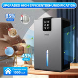 PSOS Dehumidifier, Dehumidifiers for Home, 98 OZ Water Tank, (1000 sq.ft) Quiet Dehumidifier for Basement Bedroom Bathroom with Humidity Display, Auto Shut Off, Relaxing 7 Color Ambient Light(Gray)