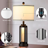 26" Modern Table Lamp with USB A+C Charging Ports & AC Outlet, Industrial Beside Contemporary Lamp Glass LED Night Light for Living Room Bedroom Nightstand End Table Single Black(2 Bulbs Included)